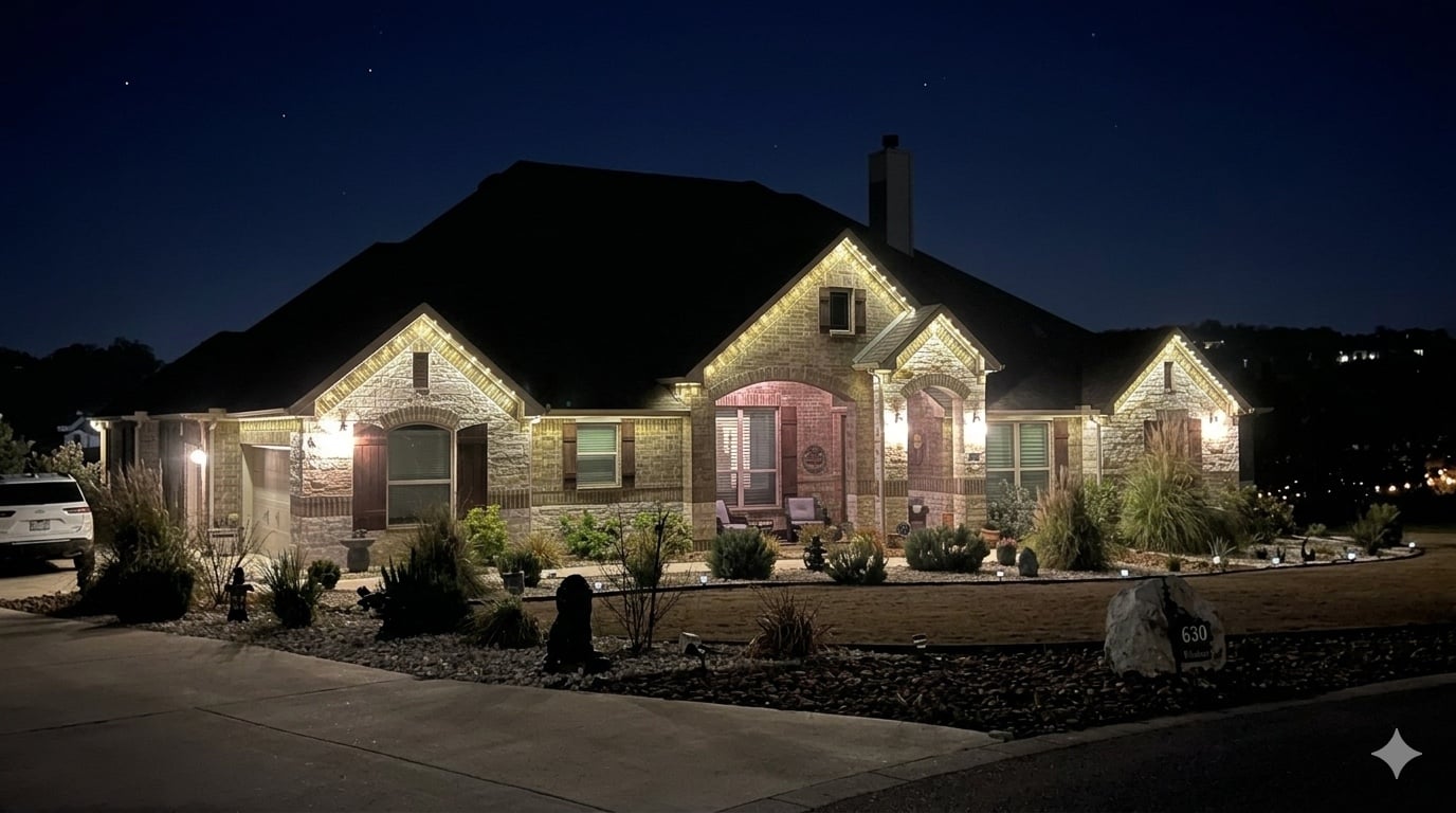 Same home at night — permanent warm-white roofline and accent lighting.