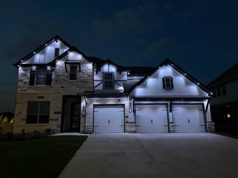 Texas Hill Country home with soft white security and accent LED lighting